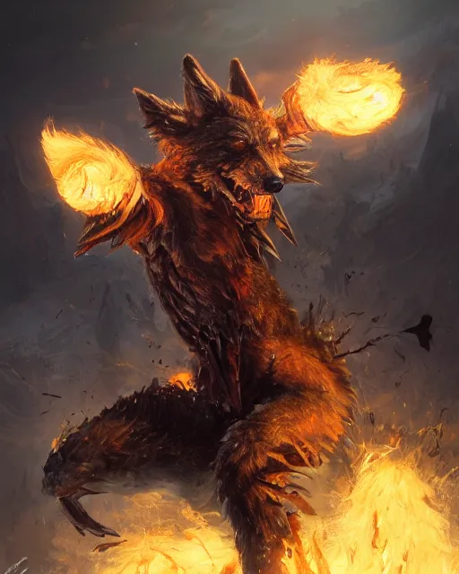 Image similar to oil painting of Angry Anthropomorphized Wolf Berserker, wearing clothes, claws, sharp focus, attack pose, fantasy style, octane render, volumetric lighting, 8k high definition, by greg rutkowski, highly detailed, trending on art Station, magic the gathering artwork, burning Battlefield background, centered