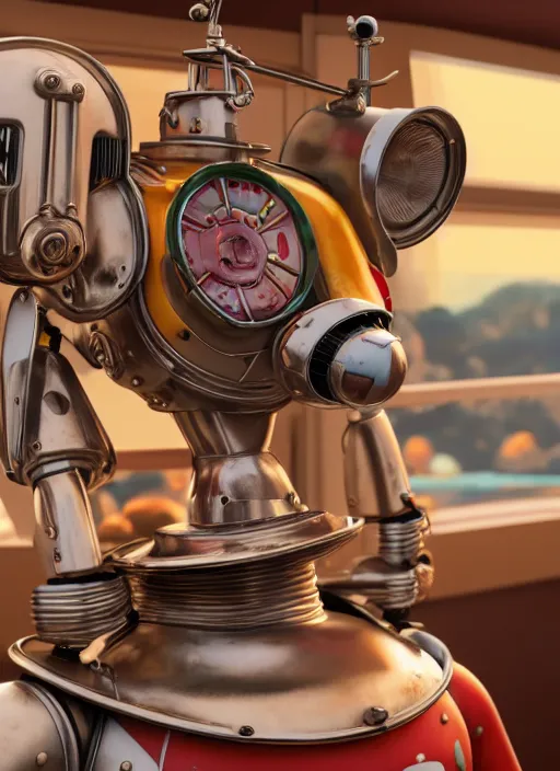 Prompt: highly detailed closeup, profile portrait of a tin toy 1 9 5 0 s robot diner, bikini, unreal engine, nicoletta ceccoli, mark ryden, earl norem, lostfish, global illumination, detailed and intricate environment