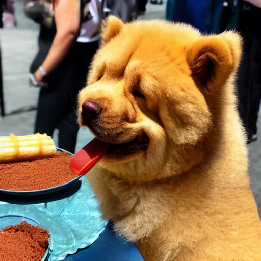 Image similar to a chow chow eating churros