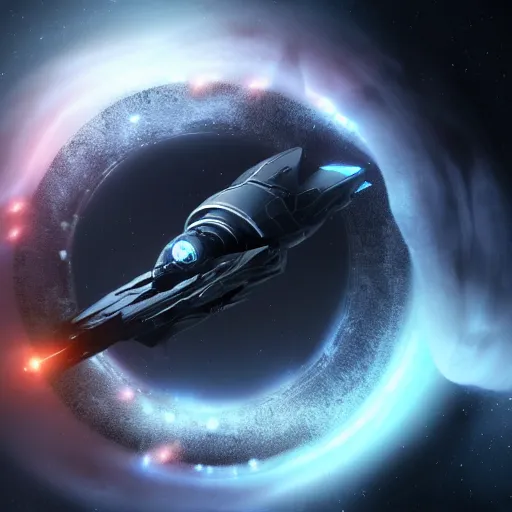 Image similar to EVE Online spaceship approaching a stargate, dark, fantasy, black hole, stars, hyper detailed, 4k, space, nebulae