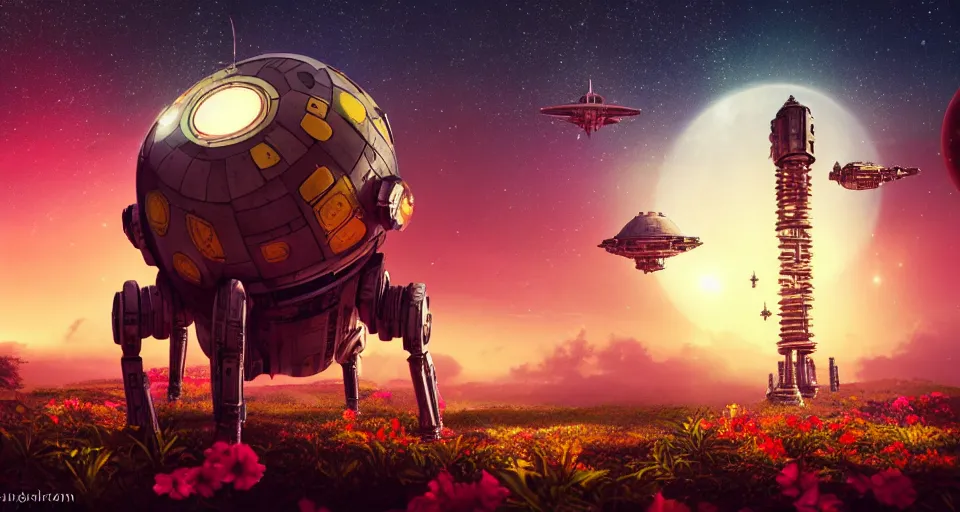 Image similar to a beautiful up close view of a walking mechanical castle on a tropical island paradise, underneath a star filled night sky, warm coloured, gigantic pillars and flowers, maschinen krieger, beeple, star trek, star wars, ilm, atmospheric perspective