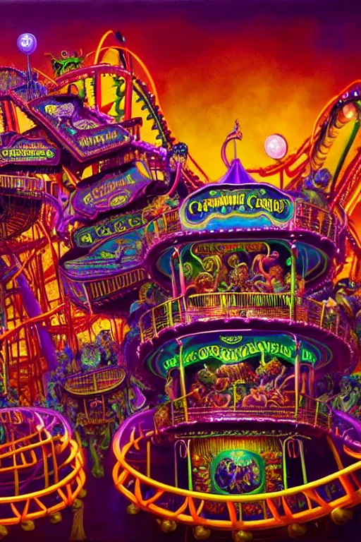 Prompt: a hyperrealistic detailed painting of an ornate carnival with glowing lights, colorful, chimeric mutant horror creatures riding a rollercoaster. scary funhouse, cinematic lighting, depth perspective, depth of field, cinematic angle, by chris cunningham and richard corben, highly detailed, vivid color,