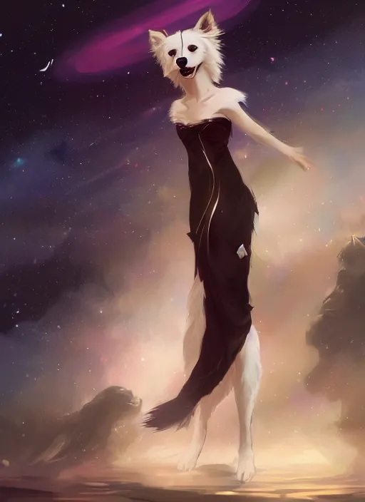 Image similar to beautiful wide angle full body portrait of a cute male anthropomorphic anthro border collie fursona wearing an evening gown in outer space, character design by charlie bowater, henry asencio, and ross tran, scenic background, detailed, glamor pose, aesthetic, furry, trending on artstation, furaffinity, deviantart
