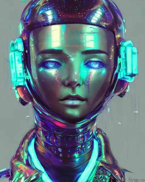 Image similar to detailed portrait Young Gangster Girl cyberpunk futuristic (neon) corporate styled hair Reflective holographic puffy cybernetic coat, decorated traditional ornaments by Hajime Sorayama ismail inceoglu dragan bibin hans thoma greg rutkowski Alexandros Pyromallis Nekro illustrated Perfect face, fine details, realistic shaded, fine-face, pretty face