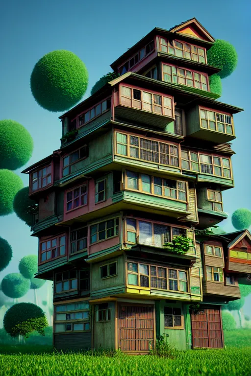 Image similar to stacked houses, solarpunk, studio ghibli, octane render, 4 k