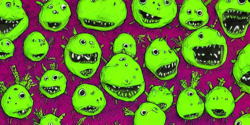 Image similar to an army of cute different green tennis ball monsters, colorful, digital art, fantasy, magic, chalk, trending on artstation, ultra detailed, detailed, fine details, professional illustration by basil gogos