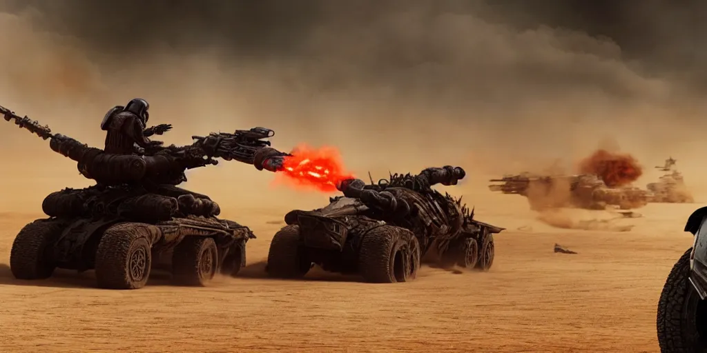 Image similar to Darth Vader standing on a driving armored post apocalyptic battle car in the desert and firing a flamethrower, Mad Max Fury Road, film, sandstorm, fire, realistic, center frame, symmetrical, spikes, flags, dust