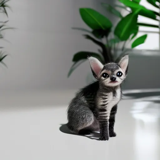 Prompt: a modern indoor room, clean architecture, some plants, peaceful, 8K octane render, a bat kitten sits there