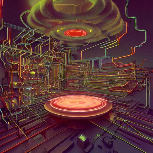 Prompt: an immaculate octane redshift render of the nexus between a vast modern computing center and an alchemist\'s lab with exposed circuit boards, nixie tubes and tesla coils by Zdzisław Beksiński and beeple, beautiful modern colors, ultradetailed, 4k ultra