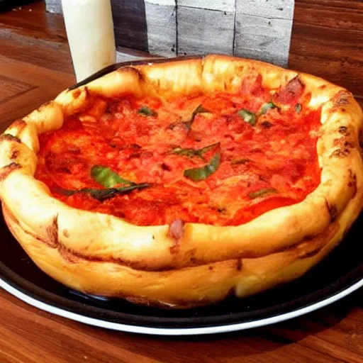 Prompt: a deep dish Chicago style pizza floating in Lake Michigan