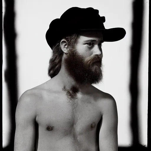 Image similar to 8k portrait photograph of 20 year old man named Carter Manson with long blond hair and red beard. Arnold Newman. Dramatic.