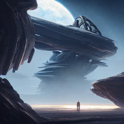 Image similar to a spaceship and the skeleton of a colossal creature on a planet, in the style of wlop and greg rutkowski, illustration, epic, sci - fi, hyper detailed, smooth, unreal engine 5, sharp focus, ray tracing