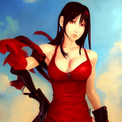 Prompt: oil painted portrait of tifa lockhart from from final fantasy 7 in her signature red dress with the steam punk city midgard as backdrop, by master artist yoshitaka amano trending on artstation