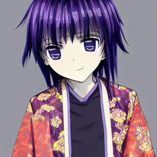 Image similar to anime teenager boy with straight indigo hair, purple eyes with red eye markers, slim body, wearing a detailed Japanese kimono, holding a japanese fan, Super-Resolution, HSL, 2-bit, VR, Uniform, Nano, Senary, RTX, insanely detailed and intricate, hypermaximalist, elegant, ornate, hyper realistic, super detailed, full body, full body shot, full image