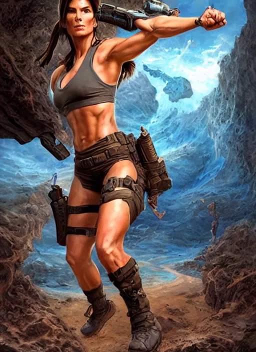 Image similar to muscled Sandra Bullock as Lara Croft as a ruggedly handsome heroine looking directly into the camera, jumping off a glowing artifact lodged in shallow blue glowing water, intricate, elegant, highly detailed, artstation, concept art, smooth, sharp focus, illustration, bokeh art by artgerm and donato giancola and Joseph Christian Leyendecker, WLOP, fireflies, distant snowstorm and thunder