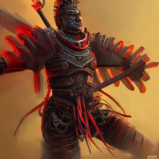 Image similar to maya warrior in a ornated armor preparing for war, full body, dynamic pose, red and obsidian neon, concept art, intricate details, highly professionally detailed, cgsociety, highly detailed -