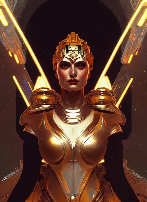 Prompt: the godess hera looking angry, sci - fi armour, tech wear, glowing lights, sci - fi, intricate, elegant, highly detailed, digital painting, artstation, concept art, smooth, sharp focus, illustration, art by artgerm and greg rutkowski and alphonse mucha