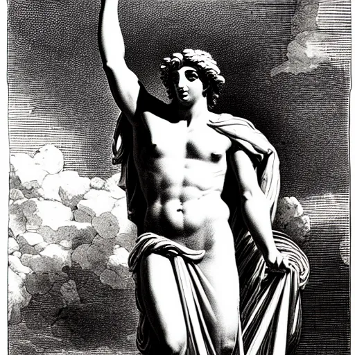 Prompt: greek statue ascending into heaven holding stacks of cash, biblical image, style of gustave dore, highly detailed, beautiful, high contrast, black and white