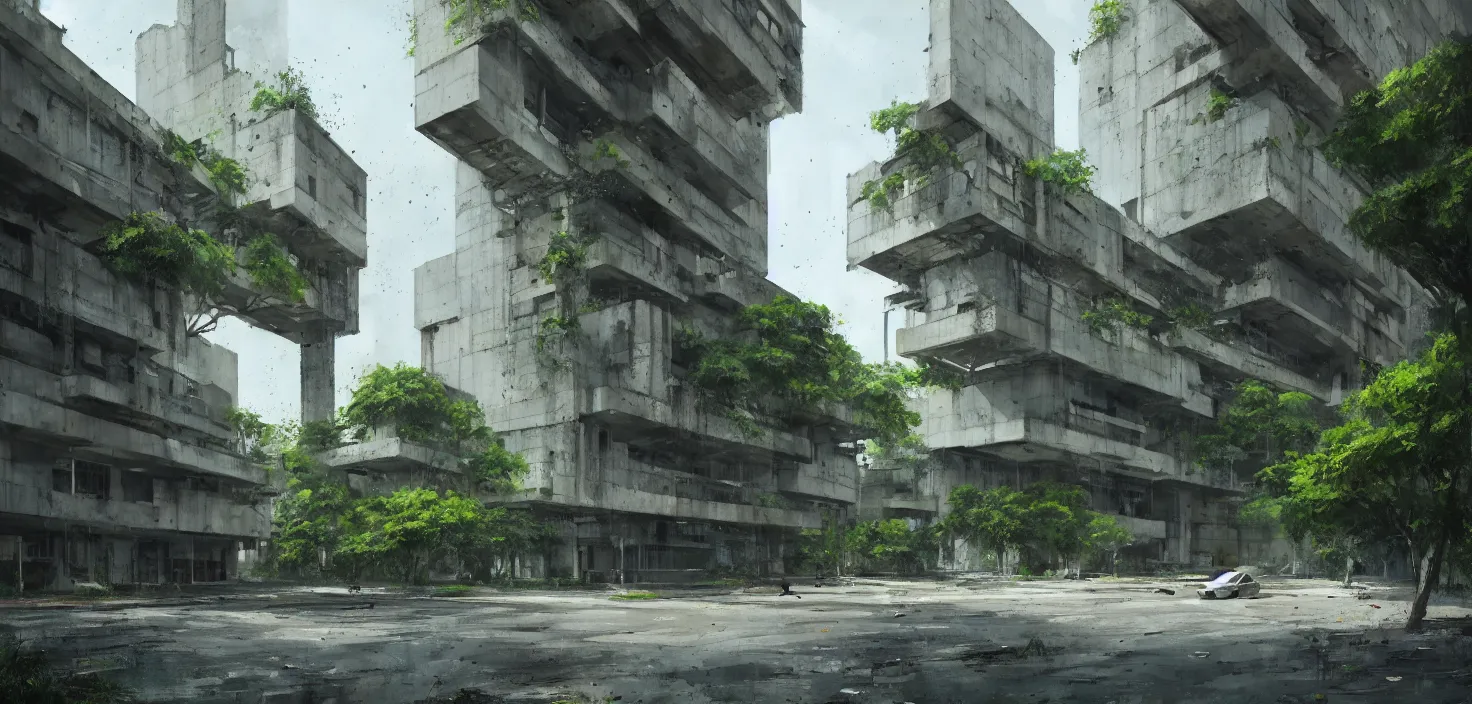 Image similar to brutalist architecture by Le Corbusier, abandoned buildings, empty streetscapes, surrounded by lush green vegetation, ground-level view, volumetric lighting, digital painting, highly detailed, artstation, sharp focus, illustration, concept art, ruan jia, steve mccurry, amazing composition