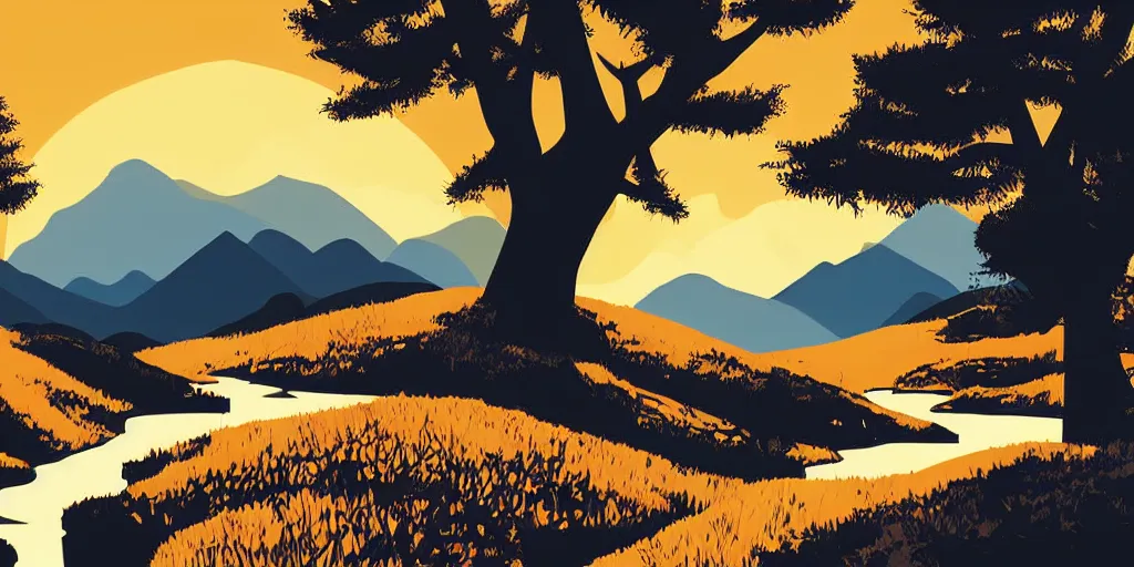 Prompt: a minimalist picture of a beautiful landscape, trees, stream, sunset, mountains, vector art, by petros afshar