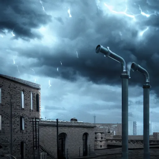 Image similar to Stormy sky with thunders, pipes and vaults system in the background, depth of field, blueshift render, photorealistic