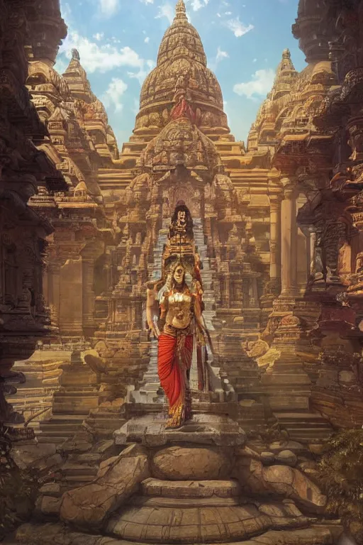 Prompt: a grand ancient Hindu temple in the middle of an ancient city, sacredness, cinematic, concept art, smooth, sharp focus, illustration, art by artgerm and greg rutkowski and alphonse mucha