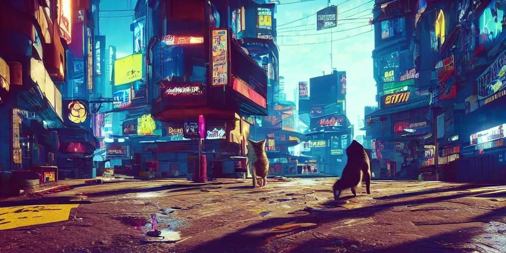 Prompt: “A beautiful photo of a cat walking in the streets of night city, cyberpunk 2077”