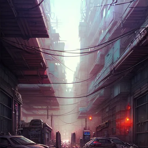 Prompt: professional concept art of a dreary diesel punk city street by artgerm and greg rutkowski. an intricate, elegant, highly detailed digital painting, concept art, smooth, sharp focus, illustration, in the style of simon stalenhag, wayne barlowe, and igor kieryluk.