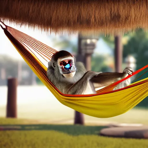 Image similar to digital art of a monkey laying in a hammock eating a banana, octane render, 8 k render, saturated, dynamic lighting