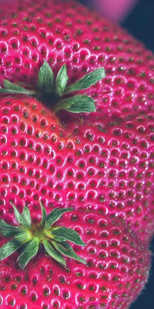 Image similar to a extreme macro photo of a strawberry, hyper realistic, hyper detailed, 35mm, very grainy film, pink volumetric studio lighting, bokeh, black background award winning shot, vogue magazine, cinematic, 8k, very closeup, elegant, tender, pastel W 1024