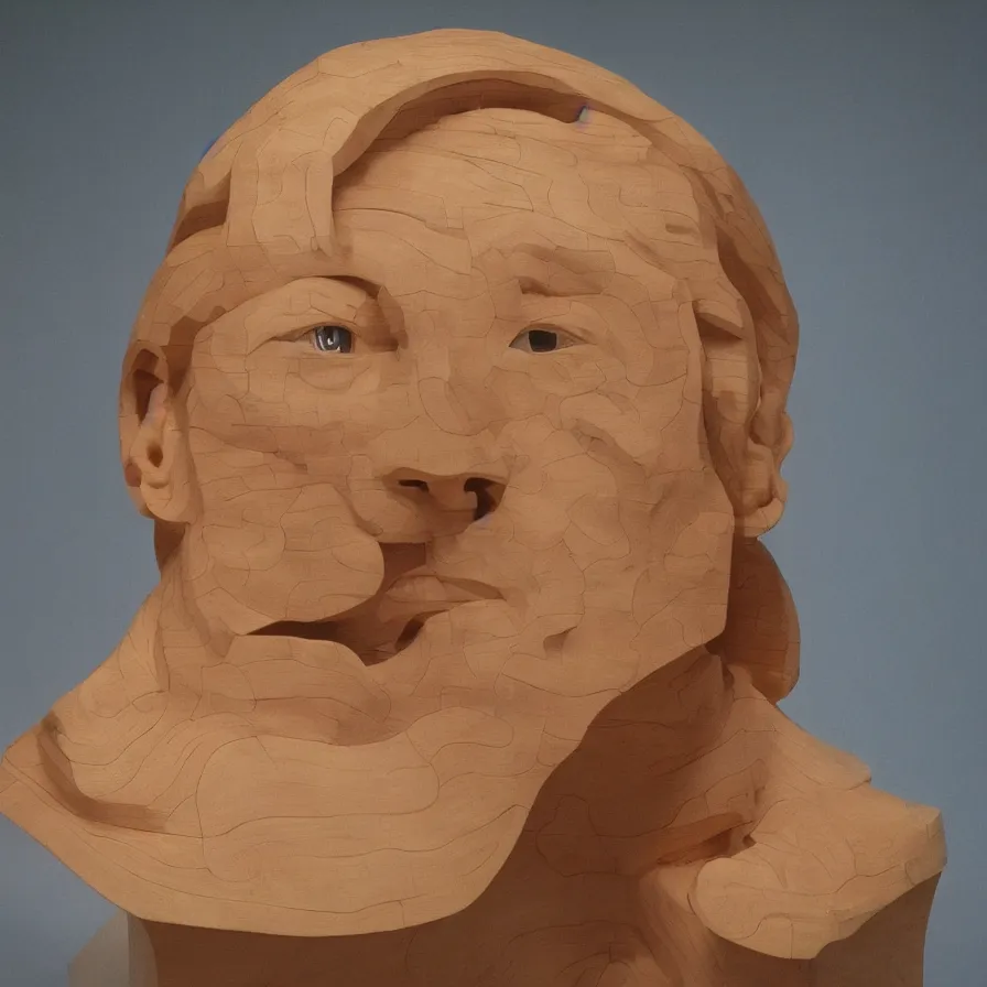 Image similar to hyperrealistic sculpture portrait of a stern woman's face carved out of laminated pine plywood on a pedestal by duane hanson and donald judd, hyperrealistic dramatic colored lighting trending on artstation 8 k