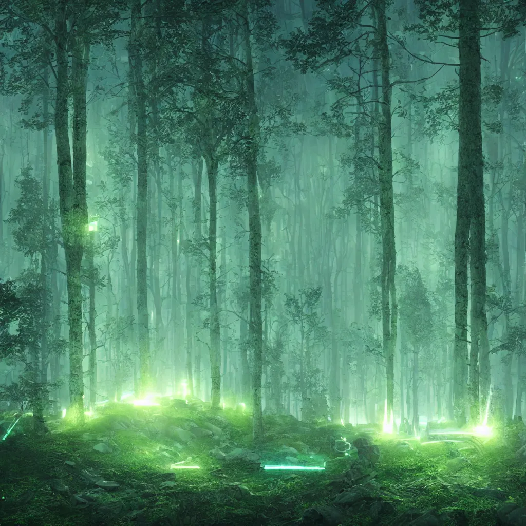 Image similar to rave green laser lights, at night in the cyber forest, reuben wu, jenni pasanen, epic composition, hd, octane, unreal engine, volumetric lighting, light rays, masterpiece, award - winning