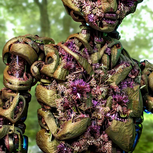 Prompt: overgrown foliage taking over an abandoned humanoid robot body, close - up, 3 5 mm, biopunk, bokeh, beautiful, lens flare, emotional, sweet, flowers, detailed, picture, trending on artstation, award - winning, shiny, golden