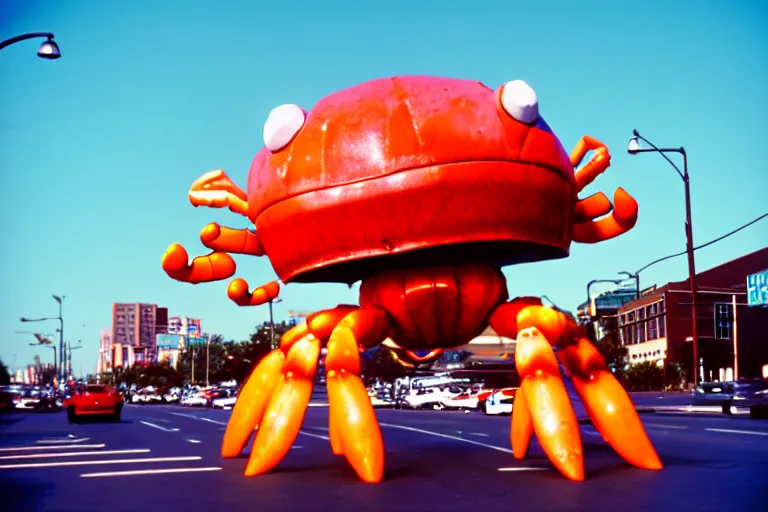 Image similar to 2 0 1 5 cute giant crab terrorizing a city, googie city, americana, fishcore, hd 8 k, photography cinestill