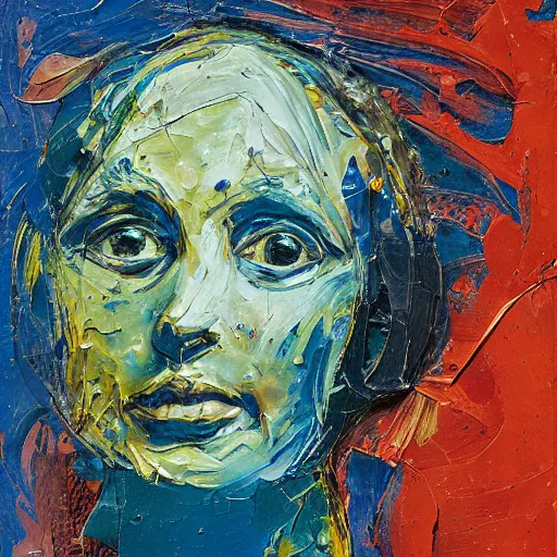 Image similar to oil paint impasto relief, portrait of woman's face, deep under water, lots blue colours, looking up, air bubbles, multi layered thick brush marks, some splattered paint, in the style frank auerbach and leonardo da vinci