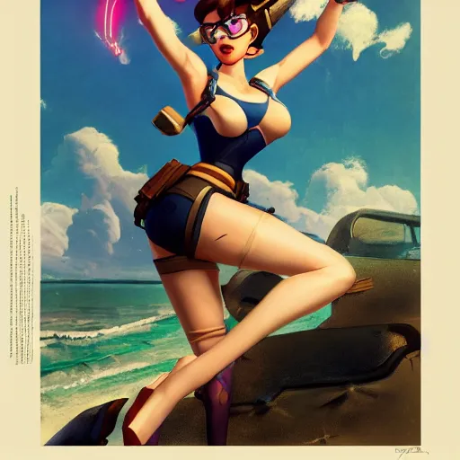 overwatch's tracer in a 1 9 5 0's pinup art,, Stable Diffusion