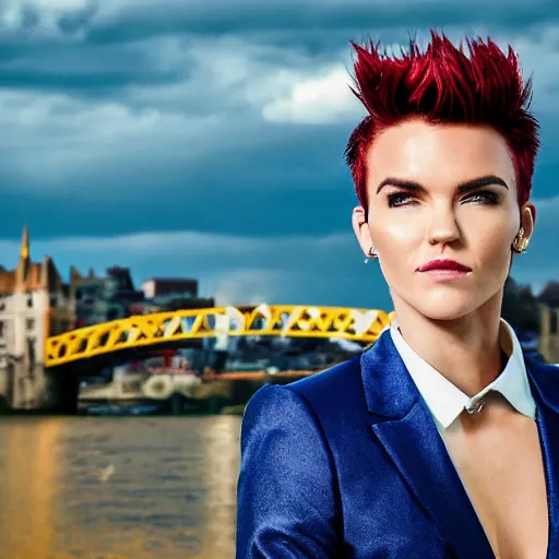 Prompt: photograph of Ruby Rose with spiky red hair and wearing gold contact lenses and dressed in a blue men's suit with a yellow tie, standing on a stone bridge with a fantasy city of tall stone towers in the background