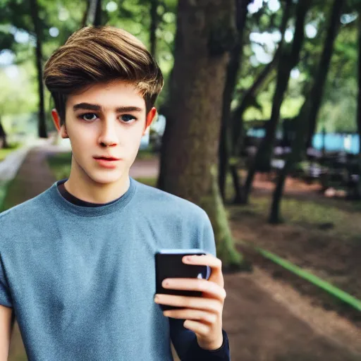 Prompt: teenage boy, photography, 4 k, zoom lens, young male face, ultra - realistic, selfie, phone camera