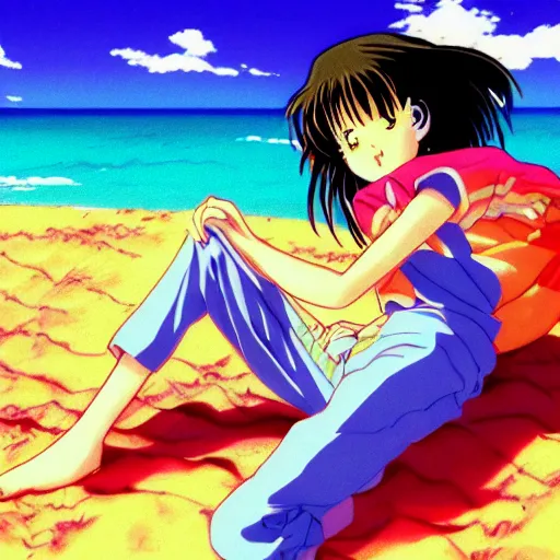 Image similar to girl laying in the sand next to ocean in sunset, sprite, vaporwave nostalgia, visual novel cg, 8 0 s anime vibe, kimagure orange road, maison ikkoku, initial d, drawn by by rumiko takahashi, directed by hideki anno, wallpaper, ultra hd, vlc screenshot