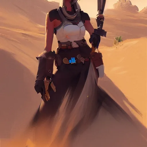 Image similar to very detailed masterpiece painting of ashe from overwatch in a desert, portrait, artstation, concept art by greg rutkowski