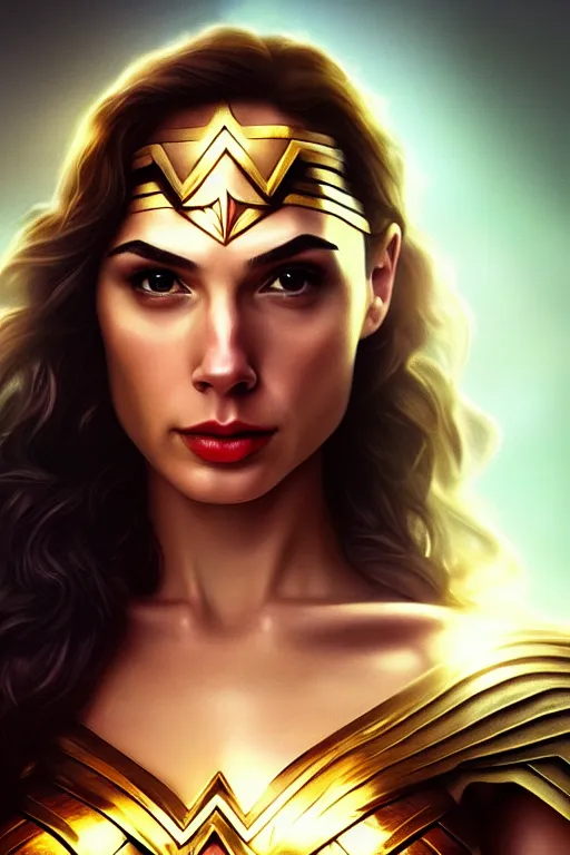 Prompt: Portrait of a beautiful pale skin Nordic female gal gadot as a wonder woman, elegant, photorealistic, highly detailed, artstation, smooth, sharp focus, gold ornaments, neon lighting, sci-fi, art by Klimt