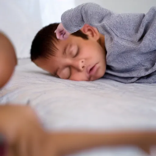 Image similar to a young boy is sleeping in his bed : : a skeleton is touching the boy's toe