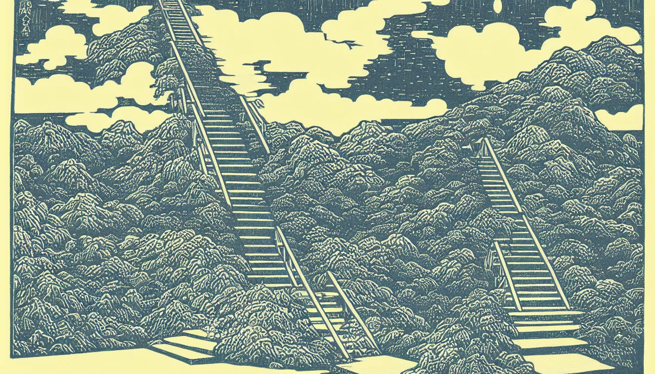 Prompt: stairway to heaven by woodblock print