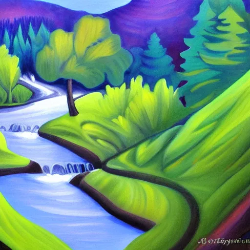 Image similar to mountains, trees and flowing water in the early morning light highly detailed art painting in the style of geogia o keefe