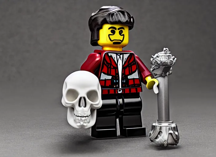 Prompt: product photo still of hamlet holding a skull best the open grave lego playset, 8 k, 1 2 0 mm macro, f 1. 8, studio lighting, key light