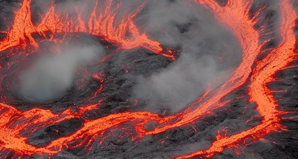 Image similar to a volcano made of ivory vines and crimson rocks enters in eruption, it spits a smoke in the shape of demonic eye, by Eiichiro Oda