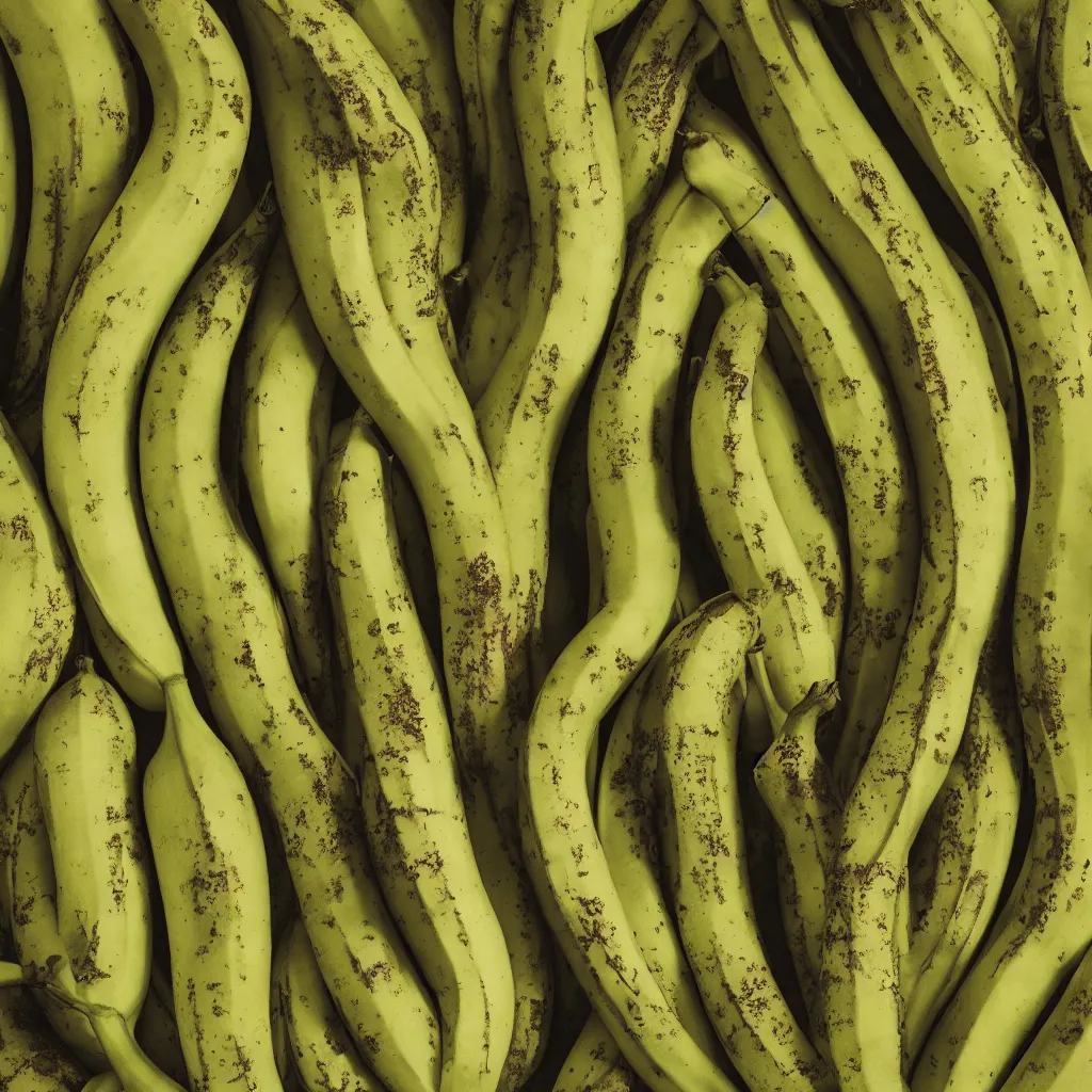 Image similar to very ripe bananas organized like a complex fractal, cracked, vegetable foliage, art nouveau fractal with petal shape, and stems, mesh roots, hyper real, food photography, high quality