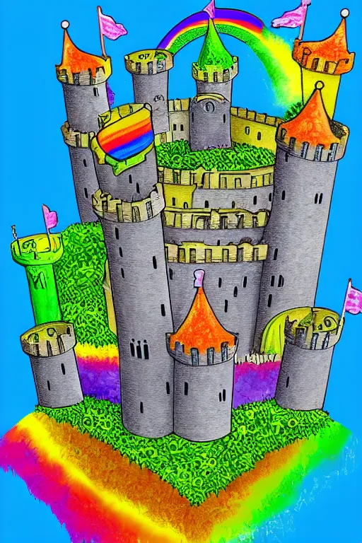 Prompt: dominion eurogame card showing a rainbow castle with a moat. fantasy deviantart