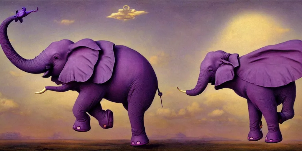 Image similar to a purple elephant flying in the air like dumbo, illustration, detailed, smooth, soft, warm, by Adolf Lachman, Shaun Tan, Surrealism