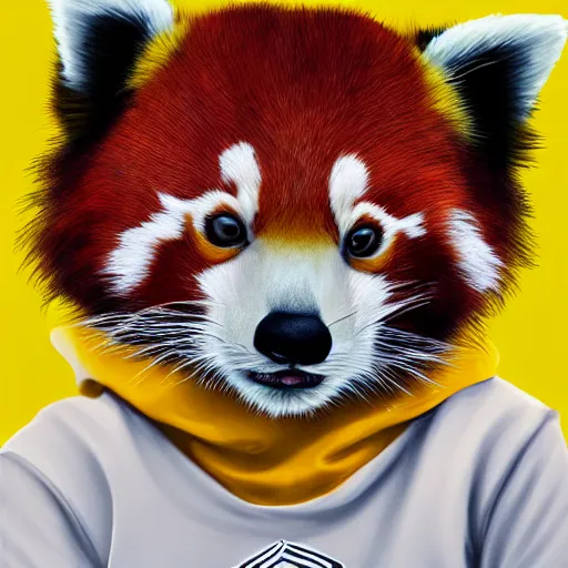 Image similar to beautiful portrait commission of a female furry anthro red panda wearing a yellow hoodie, trending on artstation